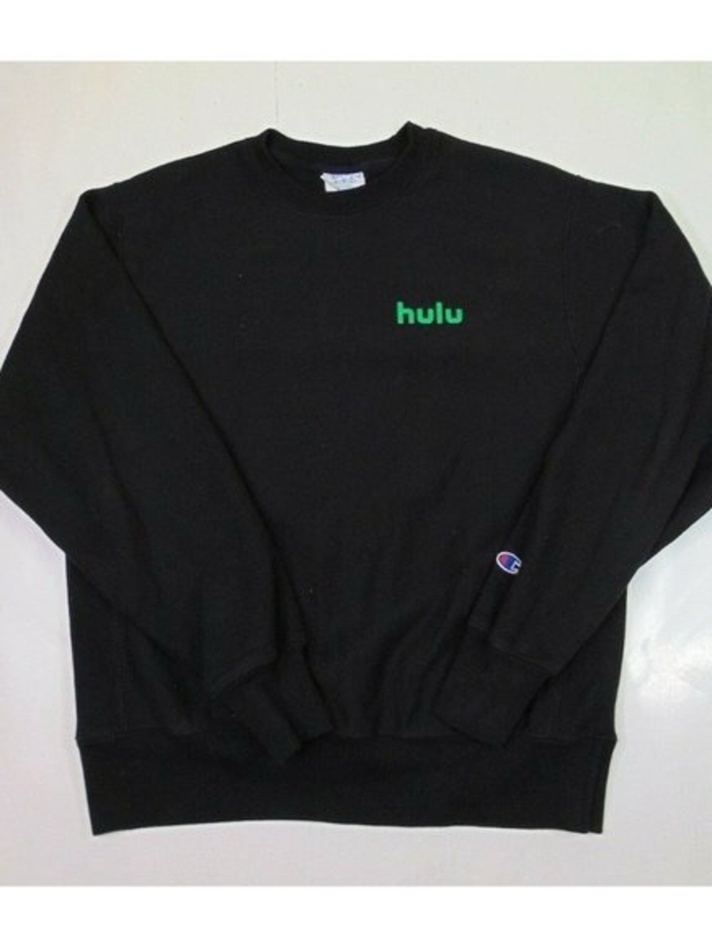 Champion Black Crewneck Sweatshirt with Green 'hulu' Logo